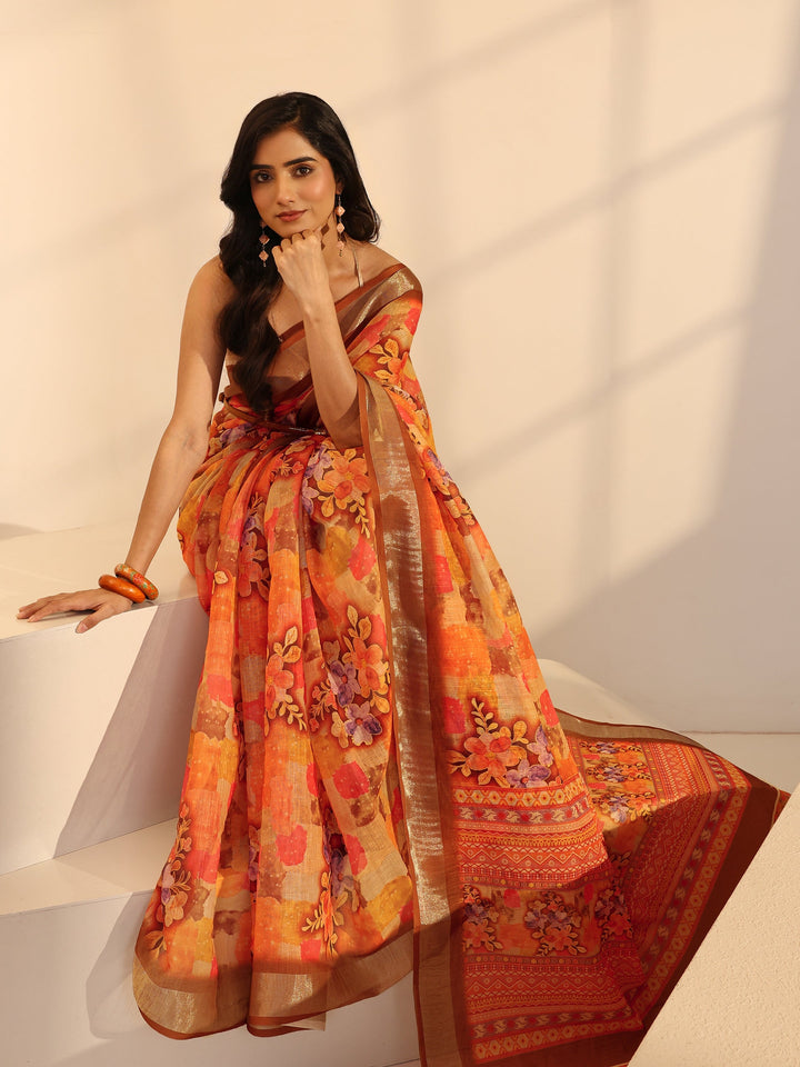 Libas Orange Floral Printed cotton blend Saree