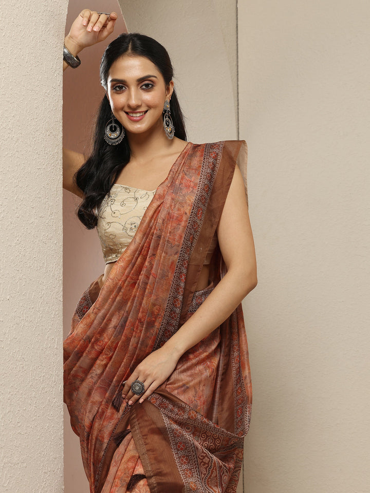 Orange Printed Silk Blend Saree With Unstitched Blouse Piece