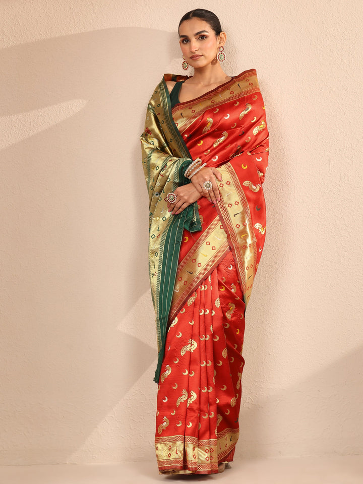 Orange Woven Design Silk Blend Banarasi Saree With Unstitched Blouse Piece