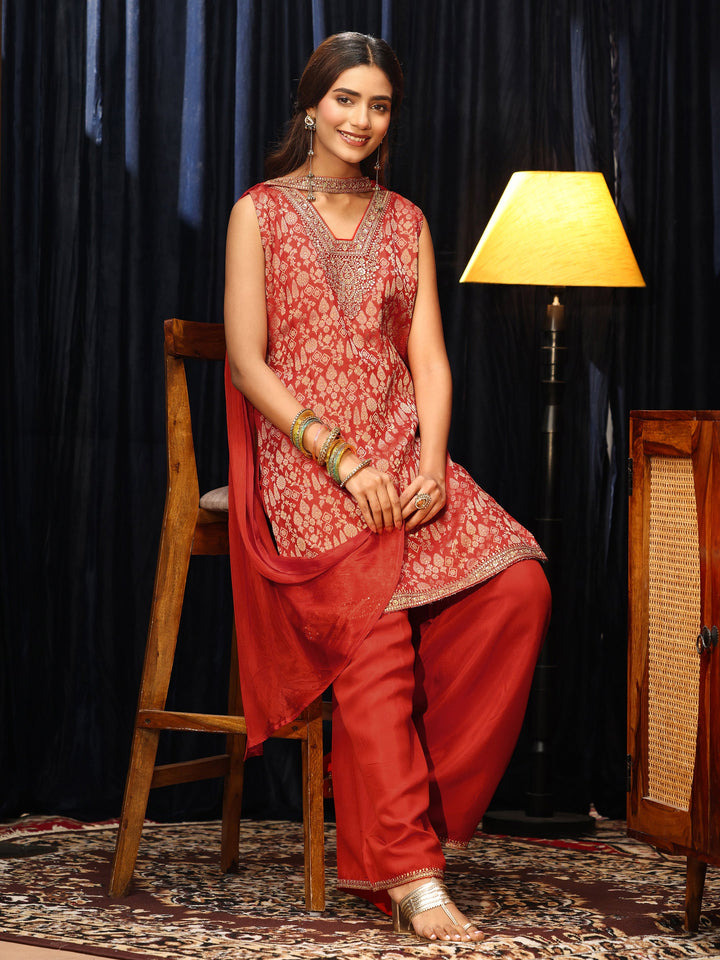 Libas Orange Woven Design Silk Blend Palazzo Suit Set