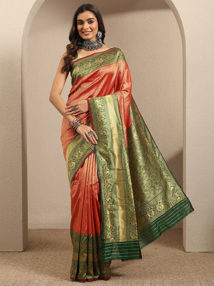 Orange Woven Design Silk Blend Saree With Unstitched Blouse Piece