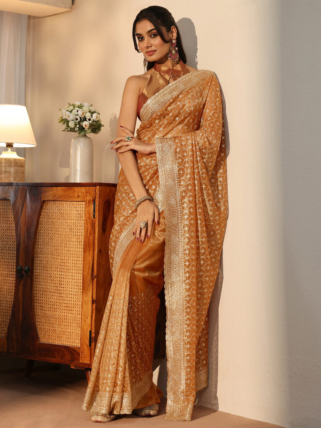 Orange Ethnic Embroidered Net Saree