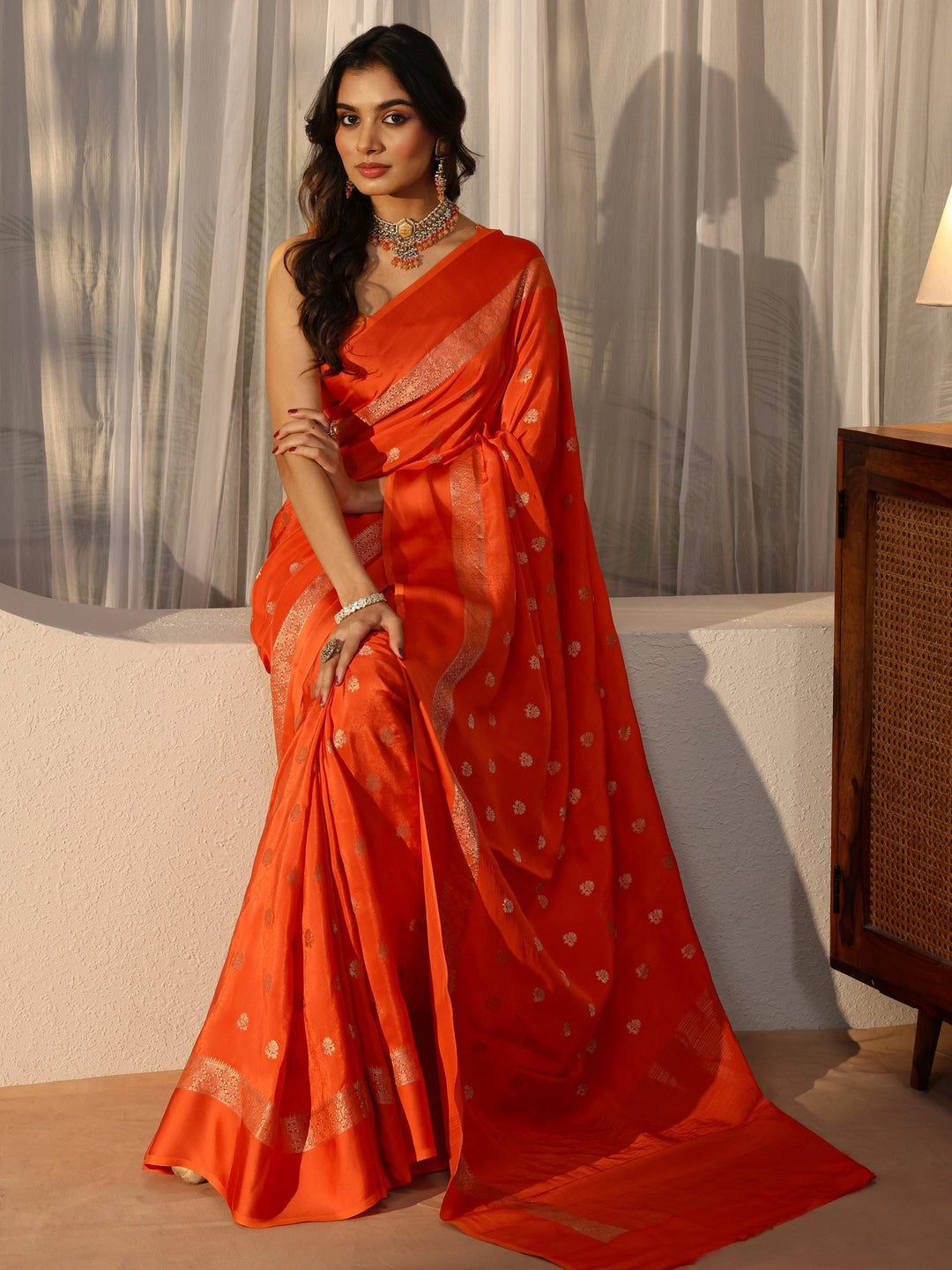 Orange Woven Design Silk Blend Saree