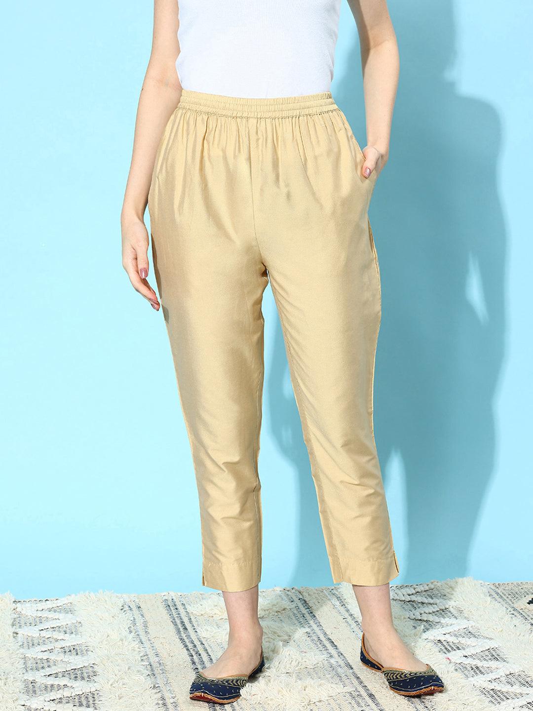 Beige Solid Silk Trousers - ShopLibas 