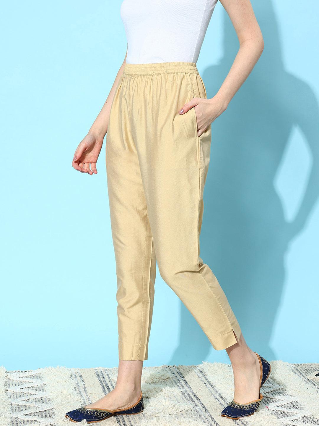 Beige Solid Silk Trousers - ShopLibas 