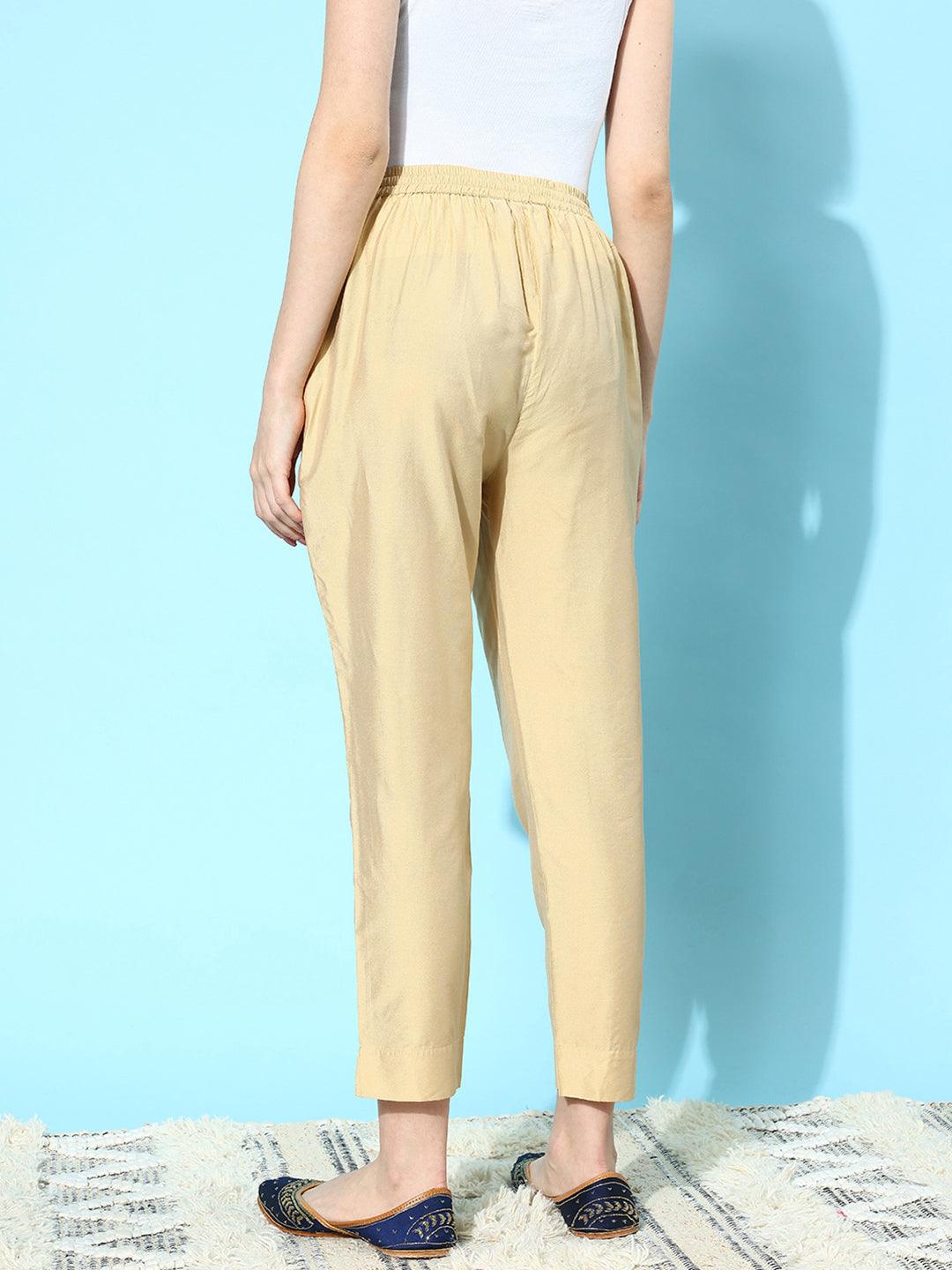 Beige Solid Silk Trousers - ShopLibas 