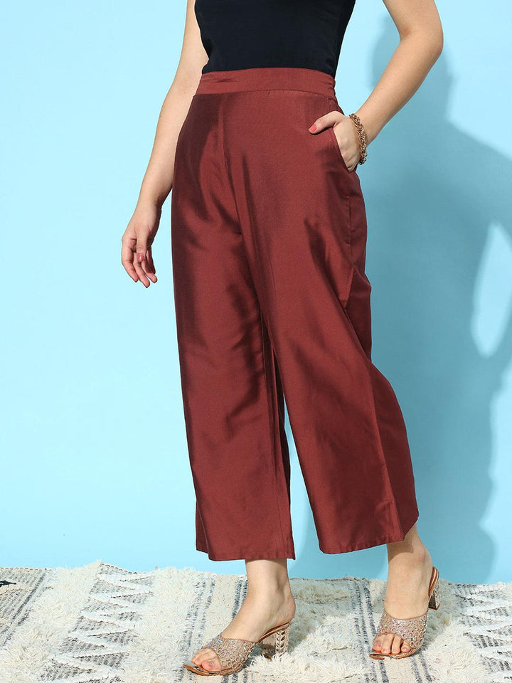 Maroon Solid Silk Palazzos - ShopLibas