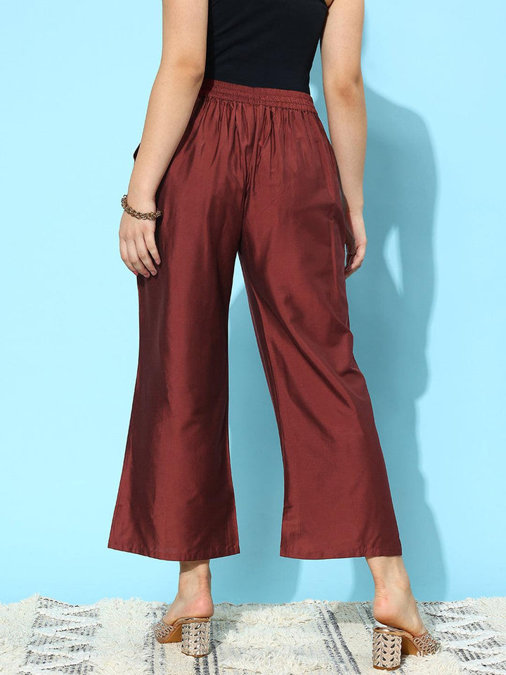 Maroon Solid Silk Palazzos - ShopLibas