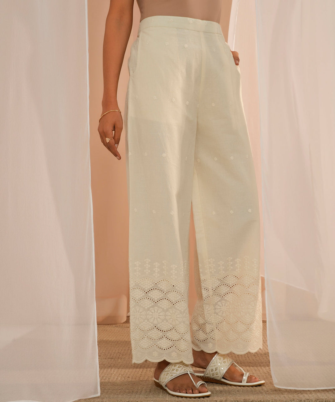 Off White Embroidered Cotton Wide Leg Palazzos