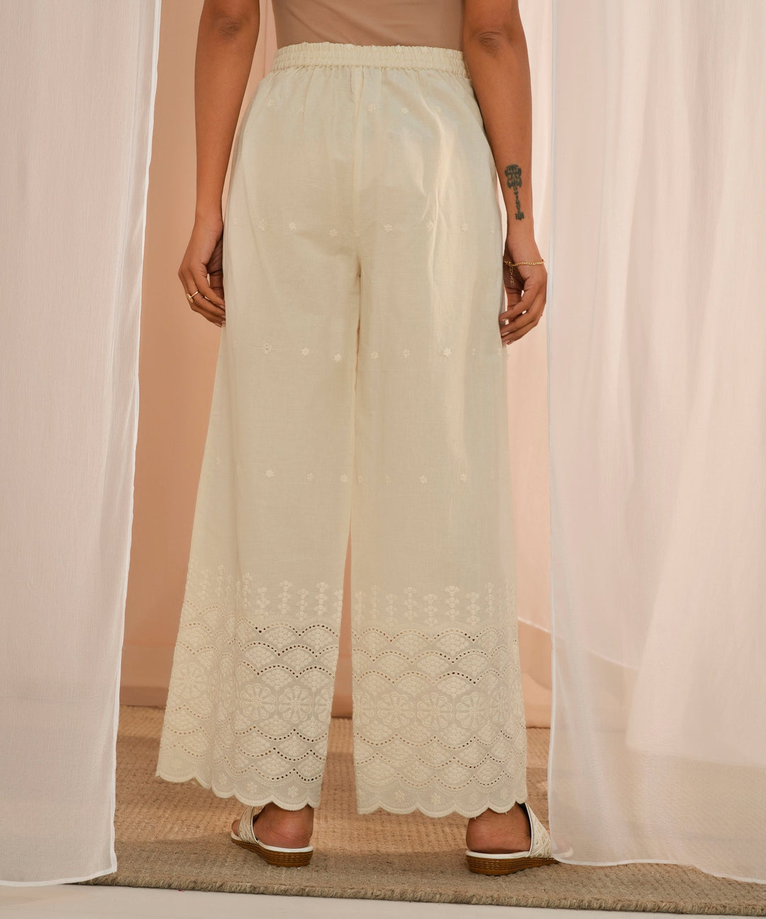 Off White Embroidered Cotton Wide Leg Palazzos