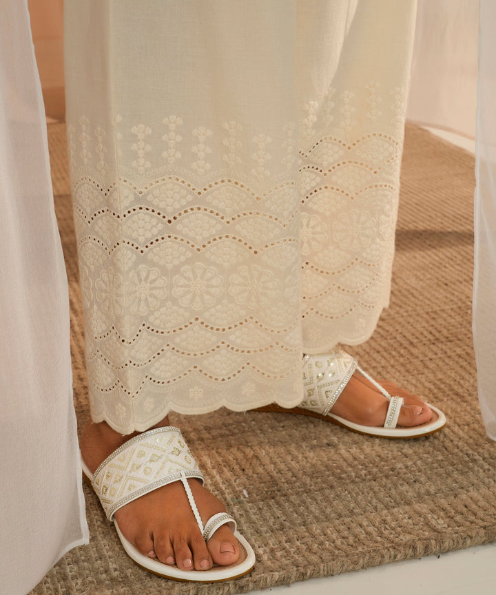 Off White Embroidered Cotton Wide Leg Palazzos