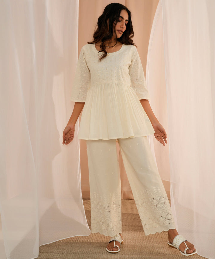 Off White Embroidered Cotton Wide Leg Palazzos