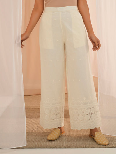 Off White Embroidered Cotton Wide Leg Palazzos