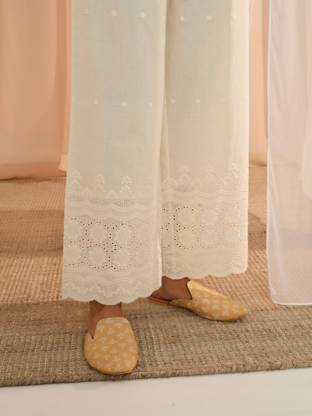 Off White Embroidered Cotton Wide Leg Palazzos