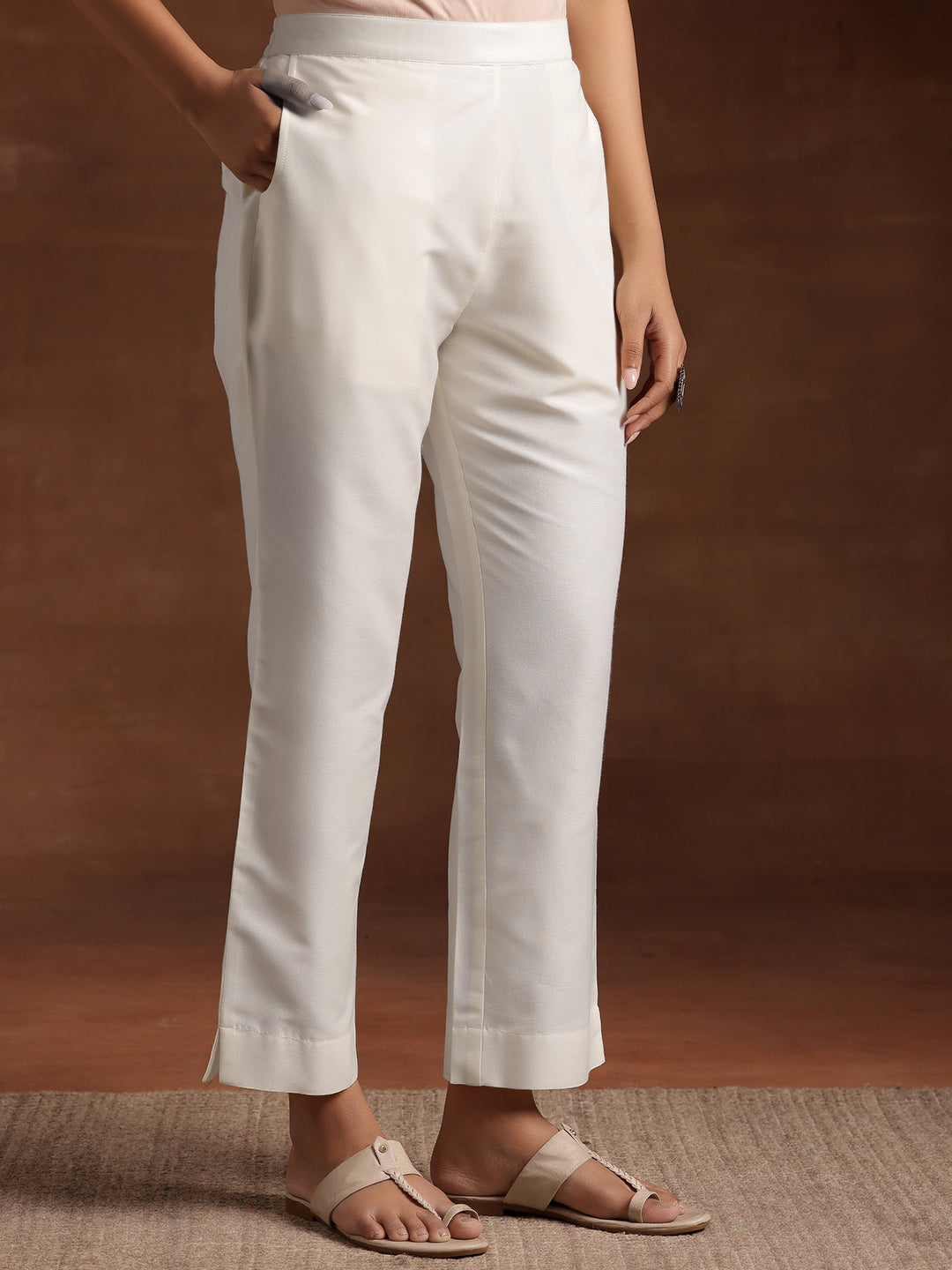 White Solid Silk Trousers