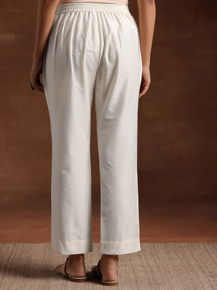 White Solid Silk Trousers