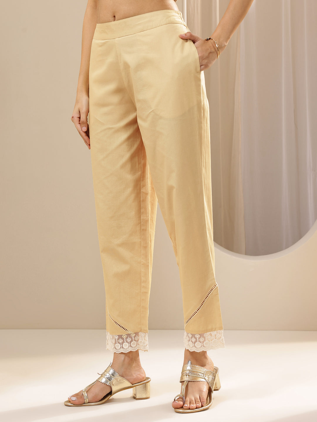 Beige Self Design Cotton Trousers
