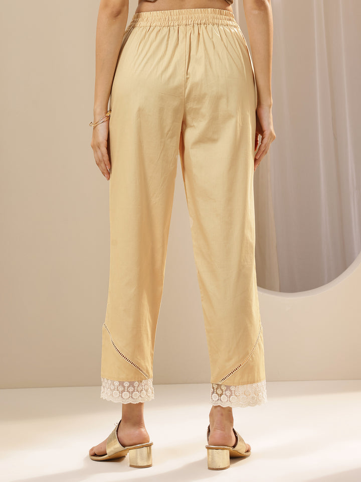 Beige Self Design Cotton Trousers