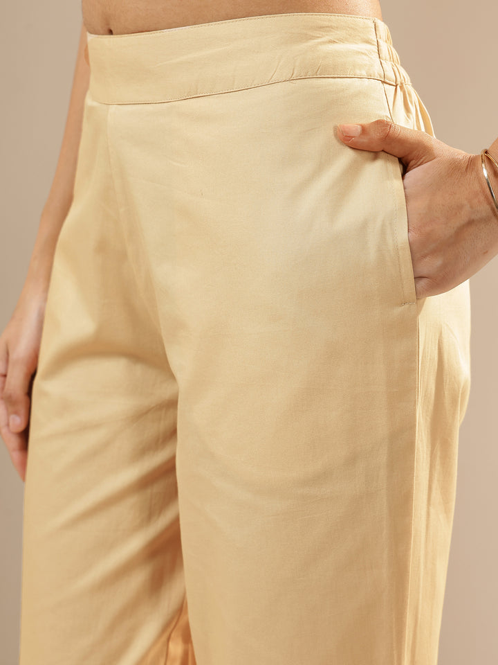 Beige Self Design Cotton Trousers