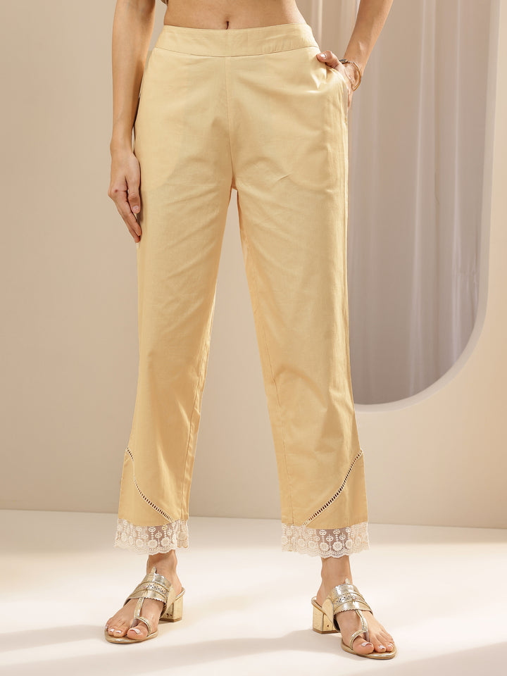Beige Self Design Cotton Trousers