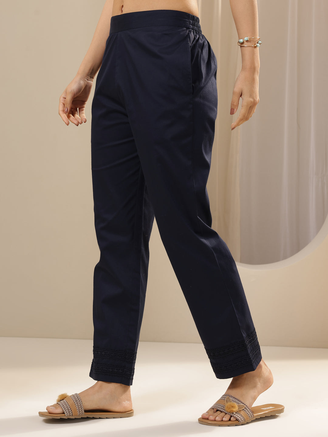 Blue Solid Cotton Trousers