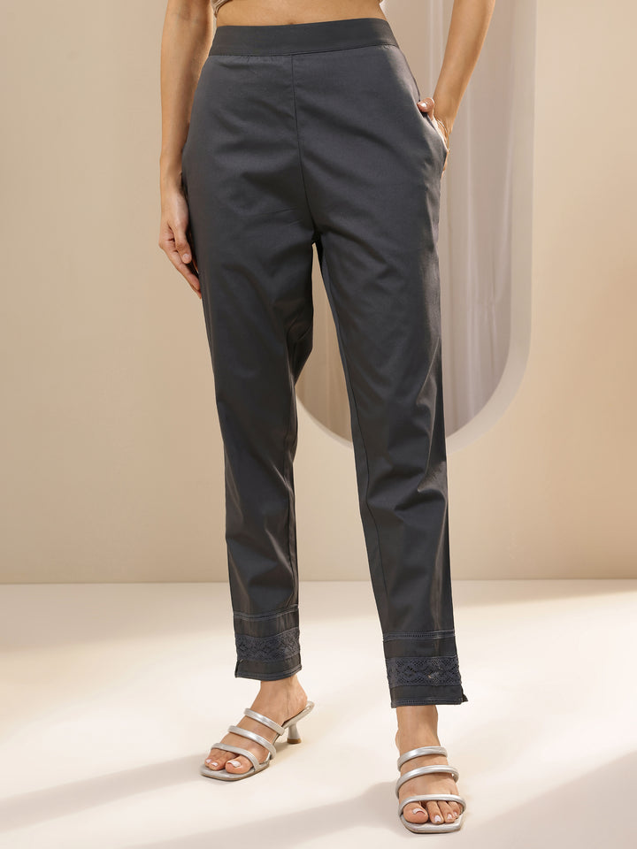 Grey Solid Cotton Trousers