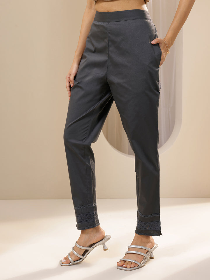 Grey Solid Cotton Trousers
