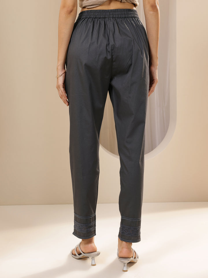 Grey Solid Cotton Trousers
