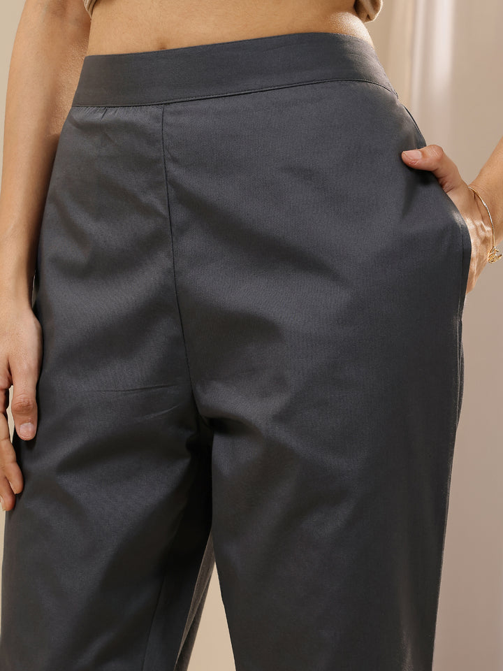 Grey Solid Cotton Trousers