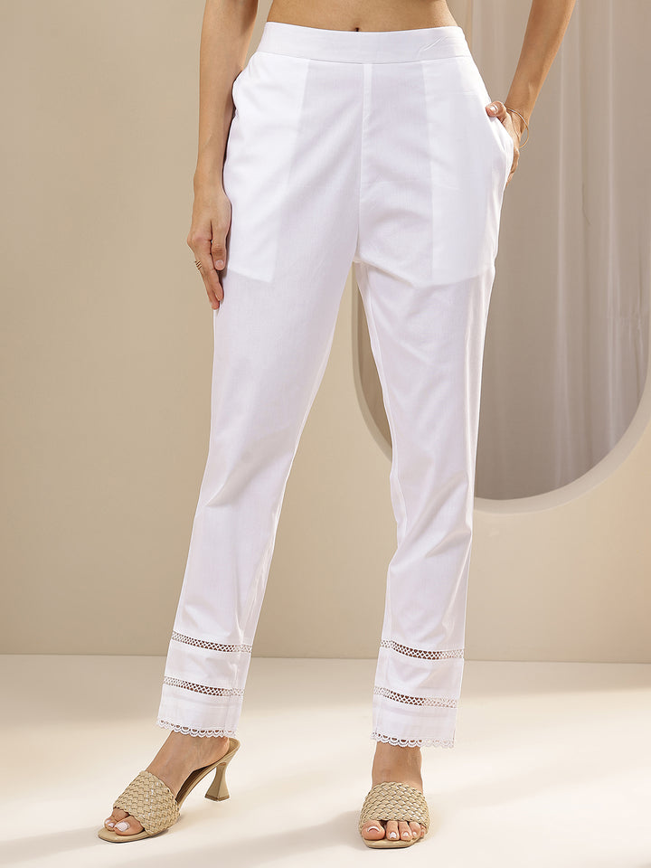 White Solid Cotton Trousers