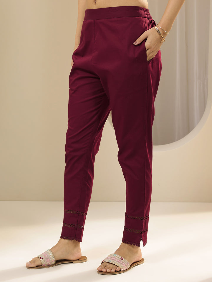 Maroon Solid Cotton Trousers