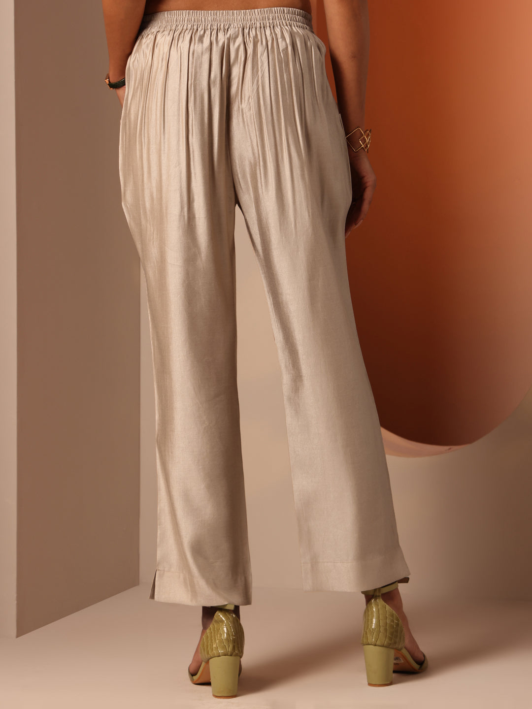 Beige Solid Silk blend Trouser
