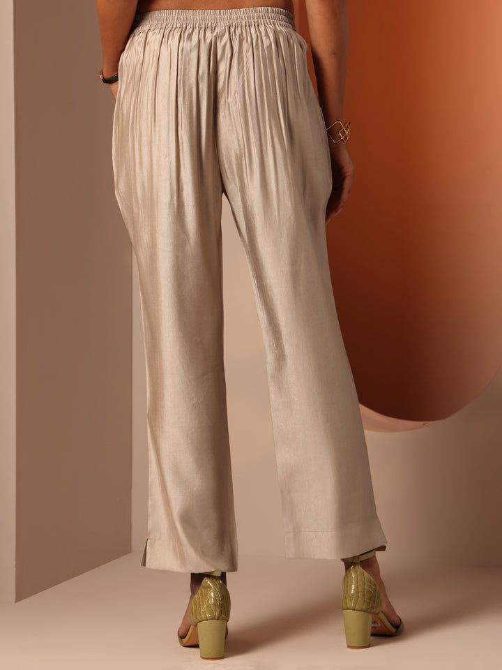 Beige Solid Silk blend Trouser