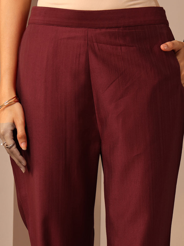 Maroon Solid Silk Blend Trouser
