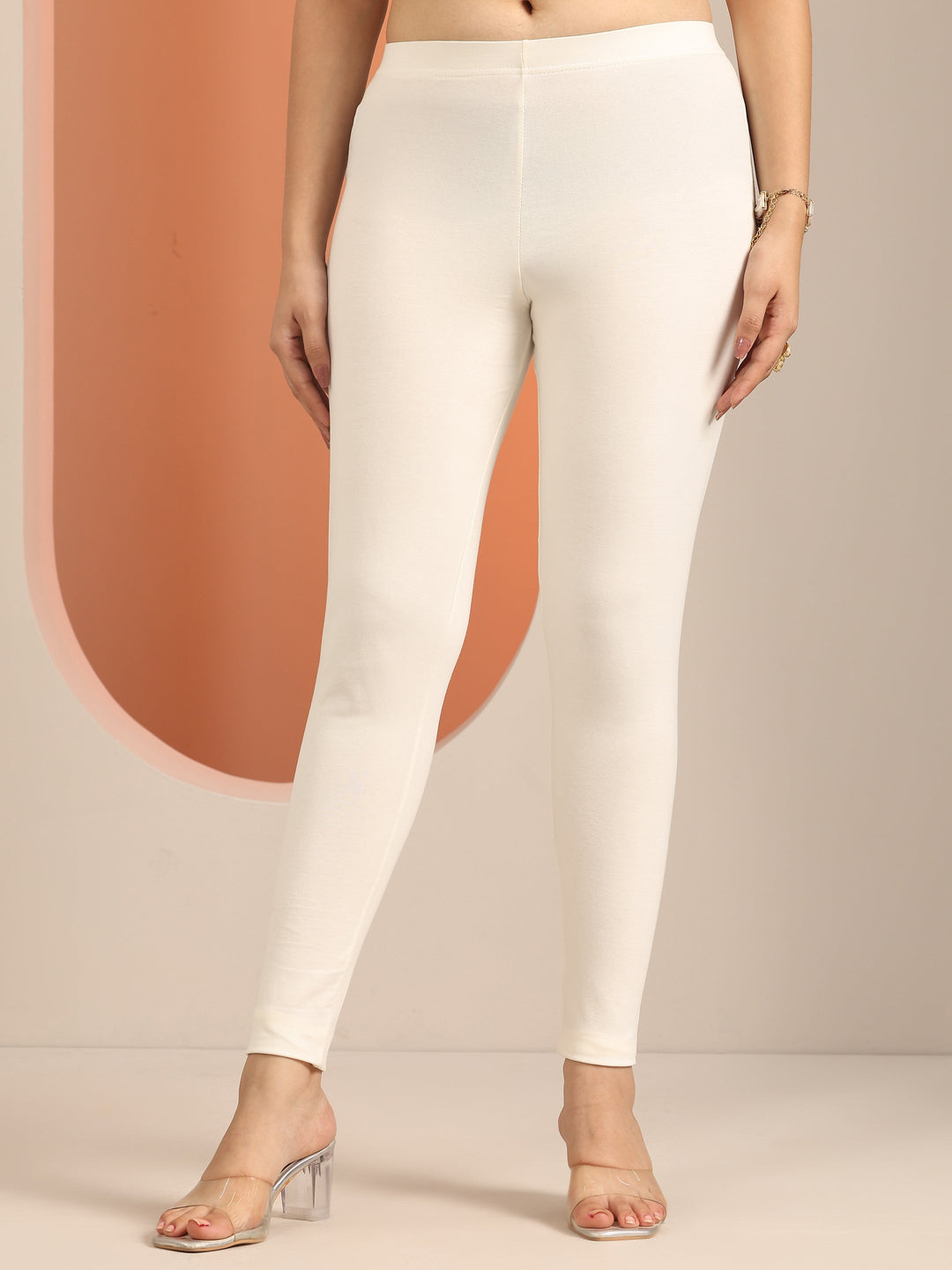 Cream Solid Cotton Blend Leggings