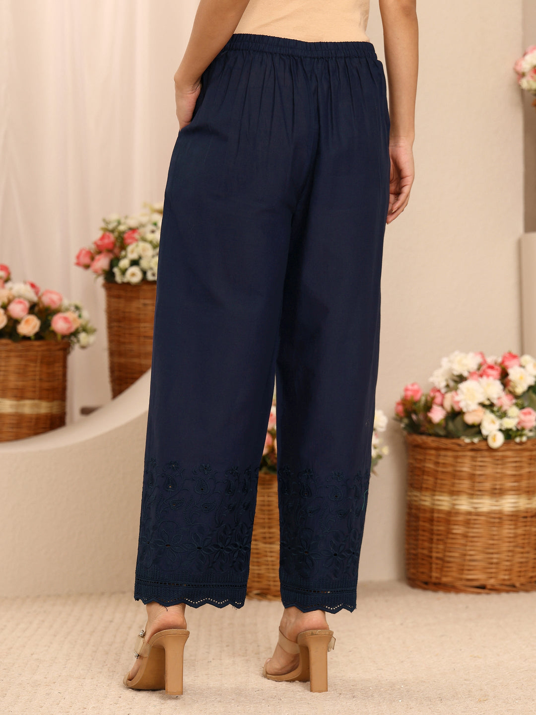 Blue Embroidered Cotton Palazzos