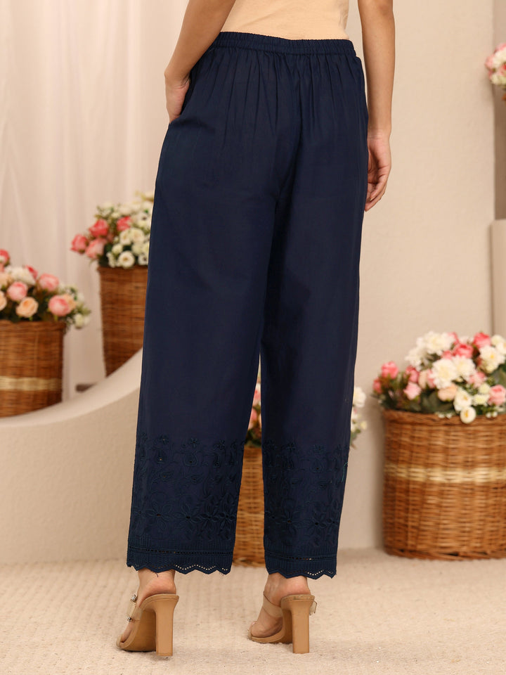 Blue Embroidered Cotton Palazzos