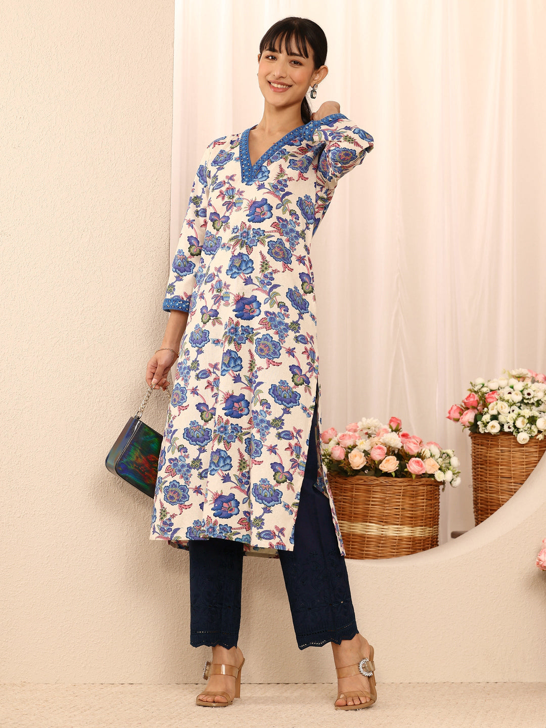 Blue Embroidered Cotton Palazzos