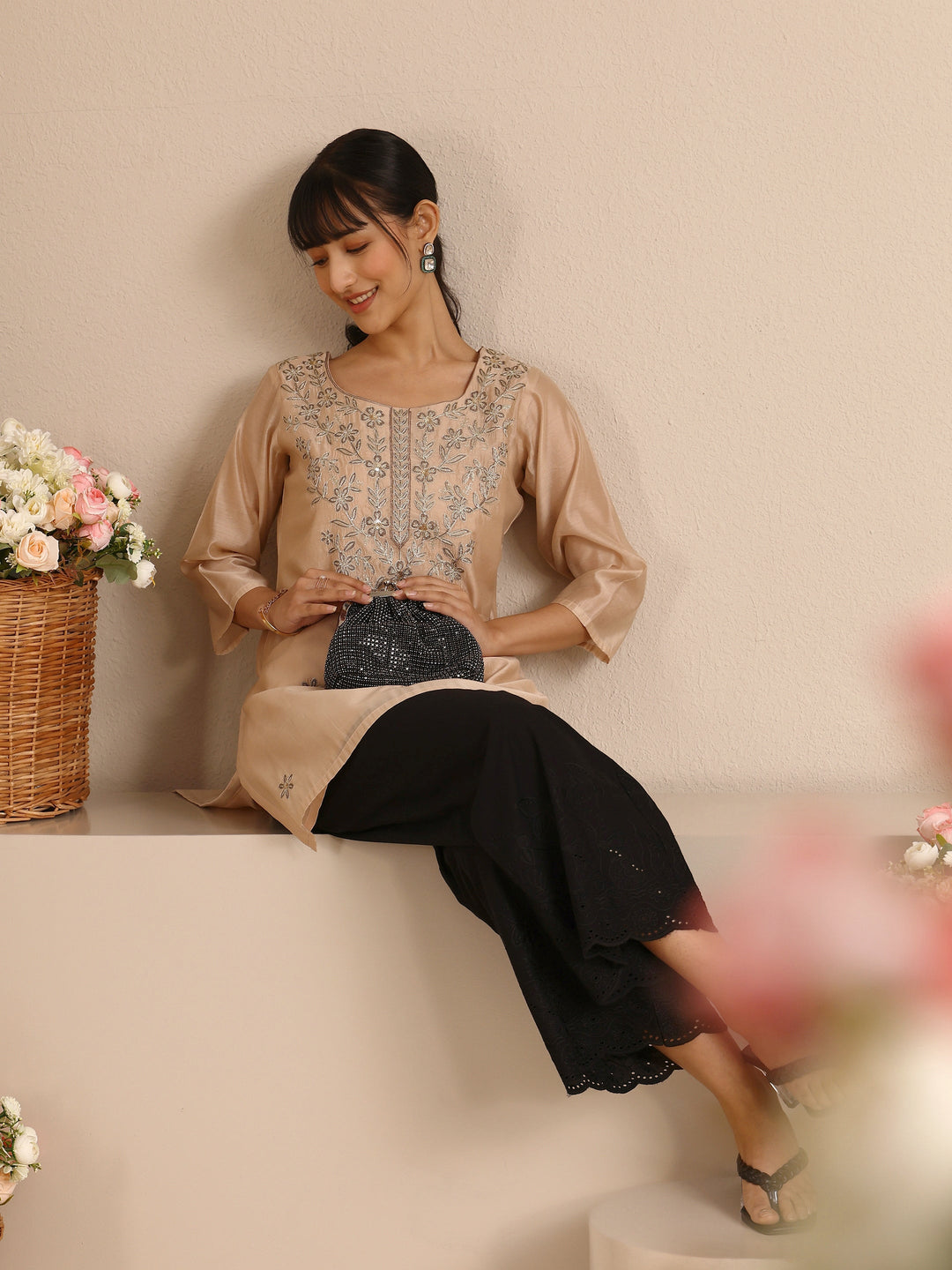 Black Embroidered Cotton Palazzos