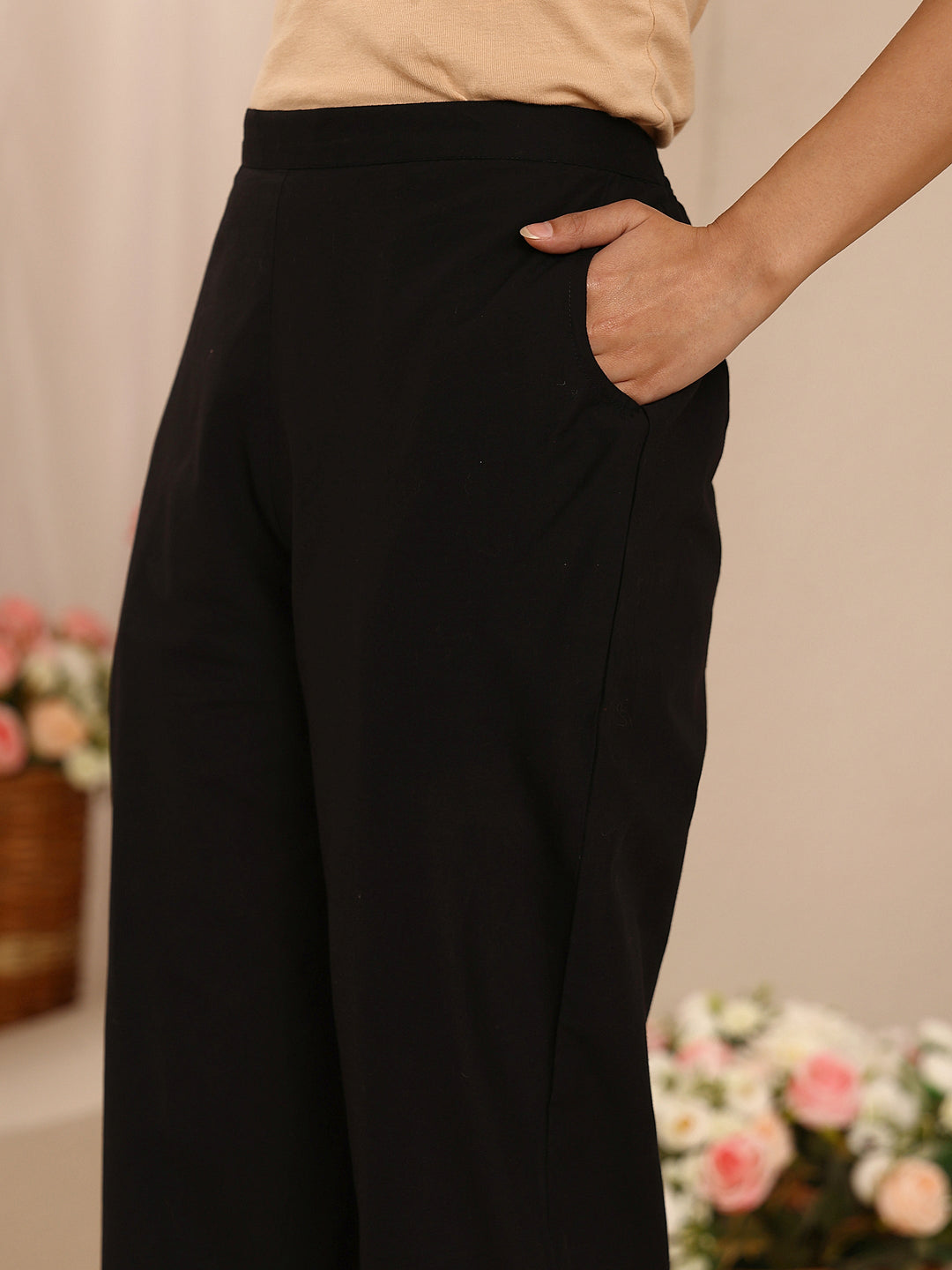 Black Embroidered Cotton Palazzos