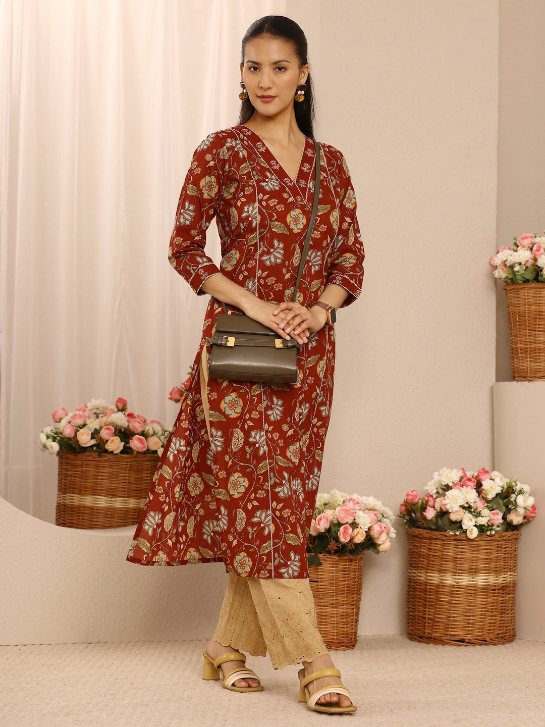 Beige Embroidered Cotton Palazzos