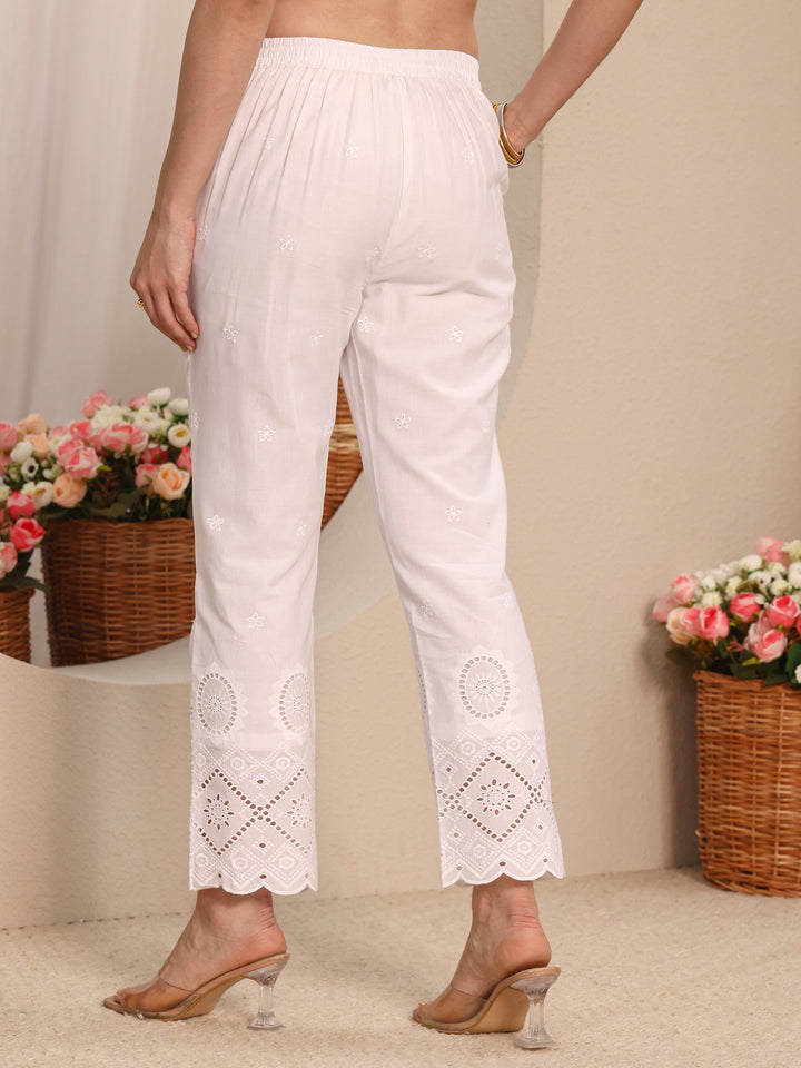 White Floral Embroidered Schiffli Design Cotton Trouser