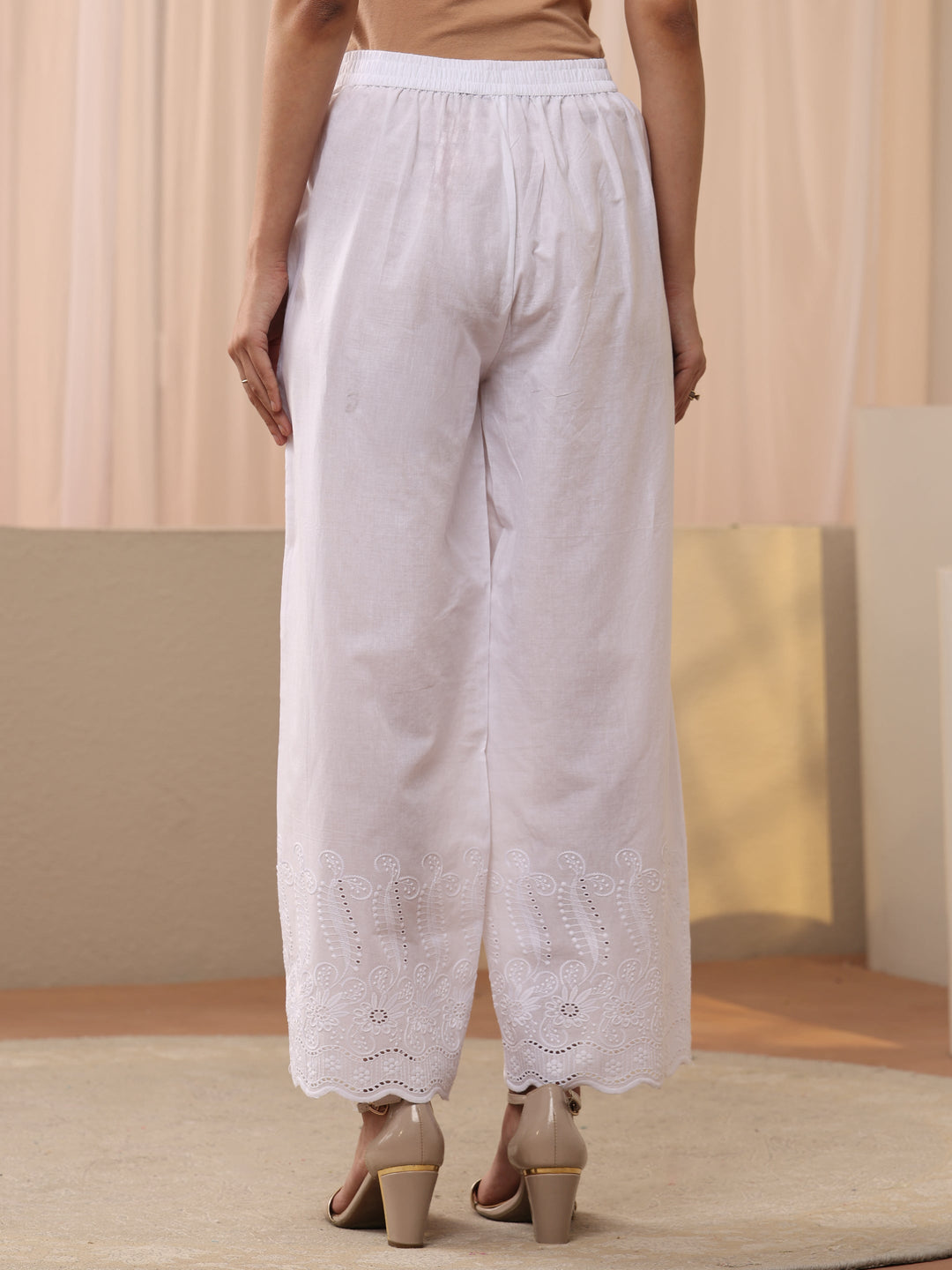 White Floral Embroidered Cotton Trouser