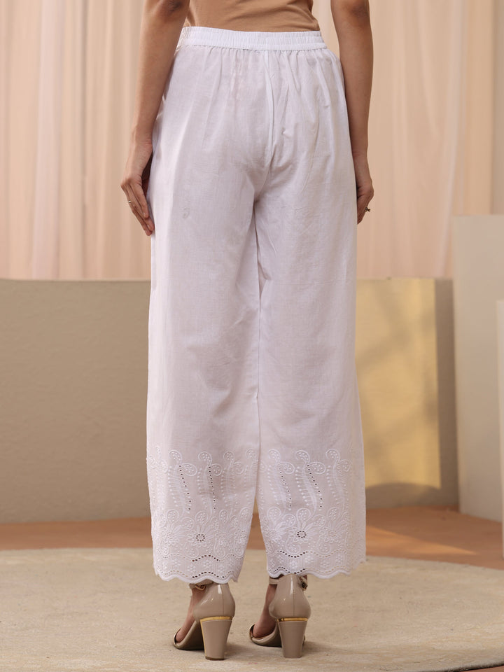 White Floral Embroidered Cotton Trouser