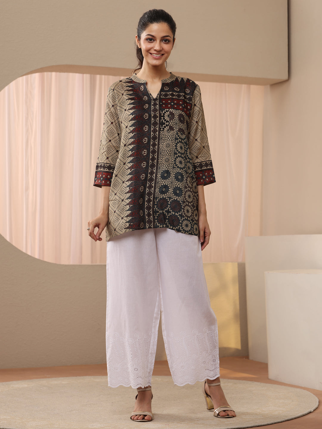 White Floral Embroidered Cotton Trouser