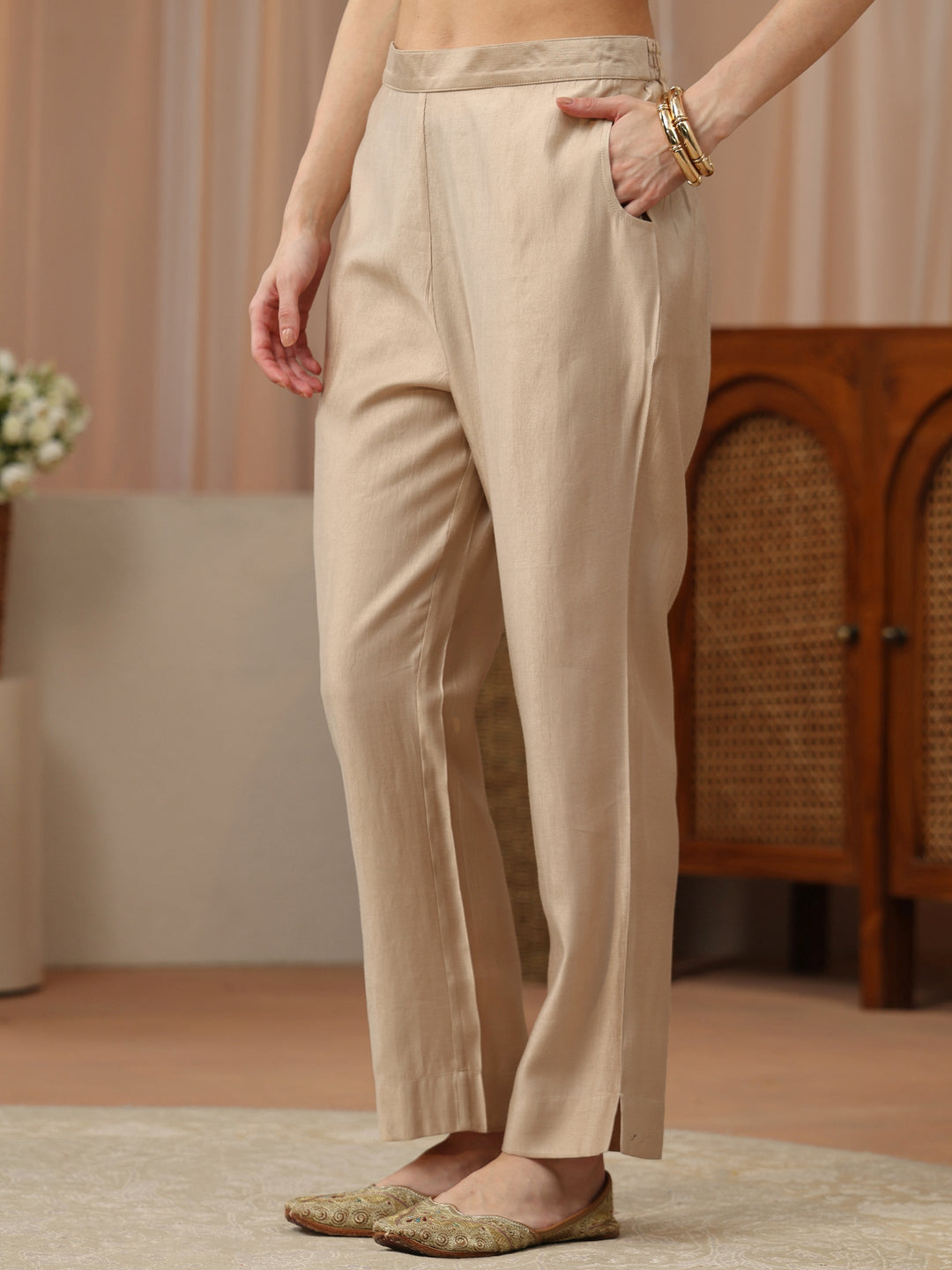 Beige Silk Blend Trousers