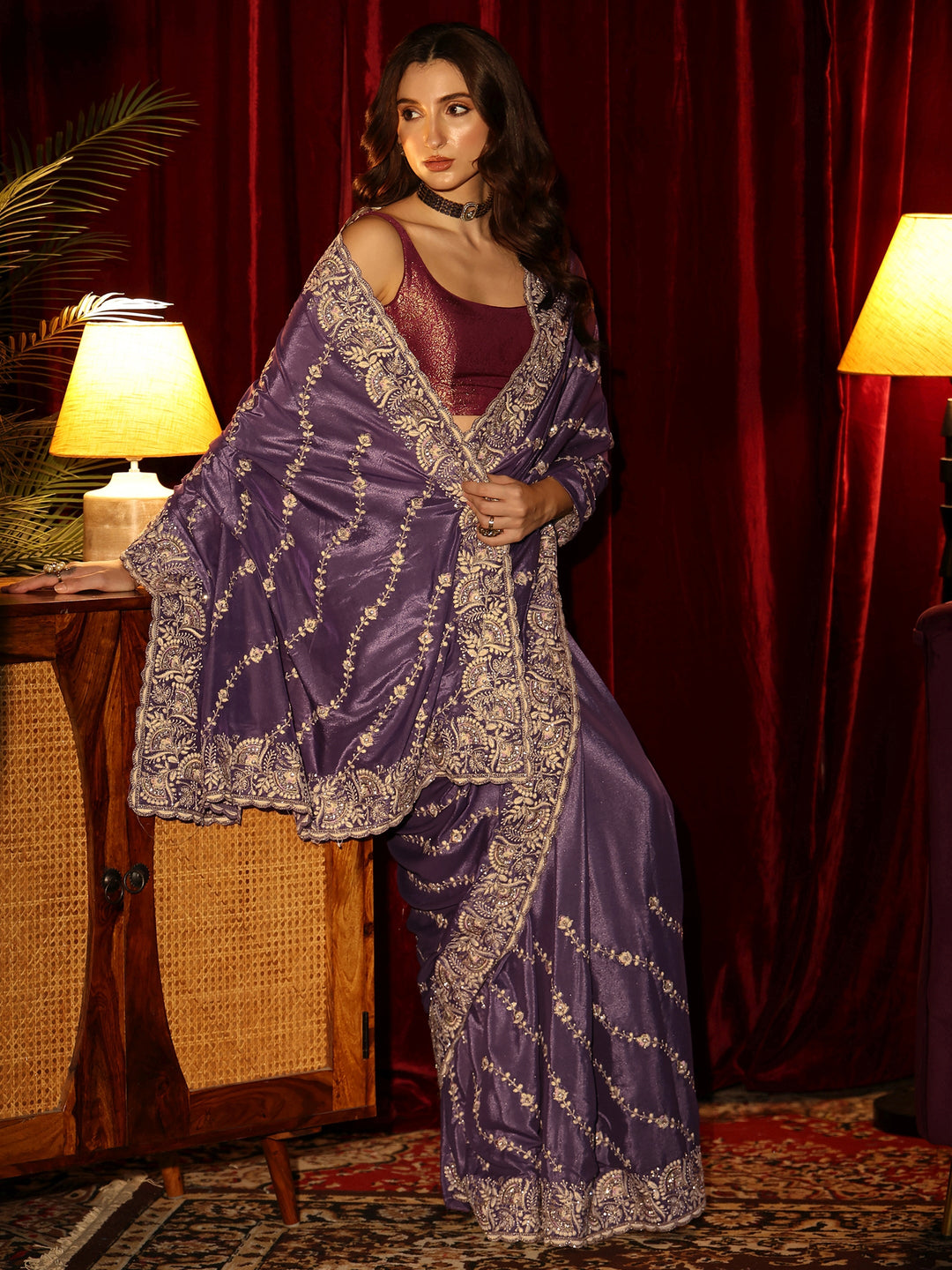 Libas Pansy Purple Floral Embroidered Satin Saree