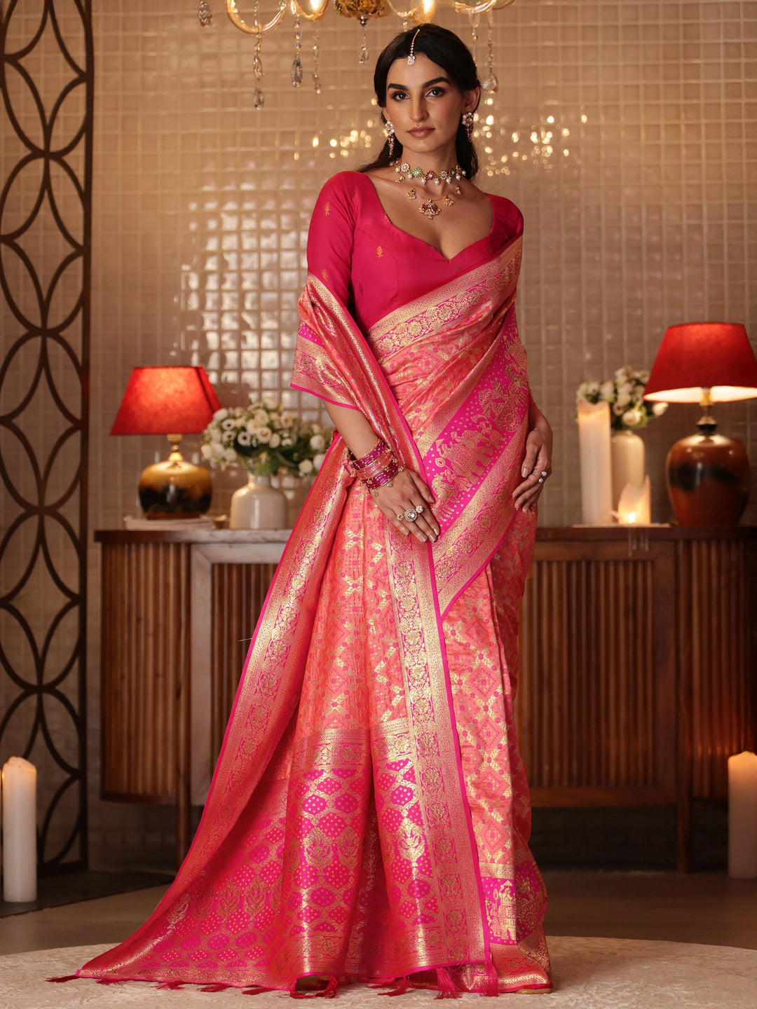 Peach Bandhani Woven Design Silk Blend Saree