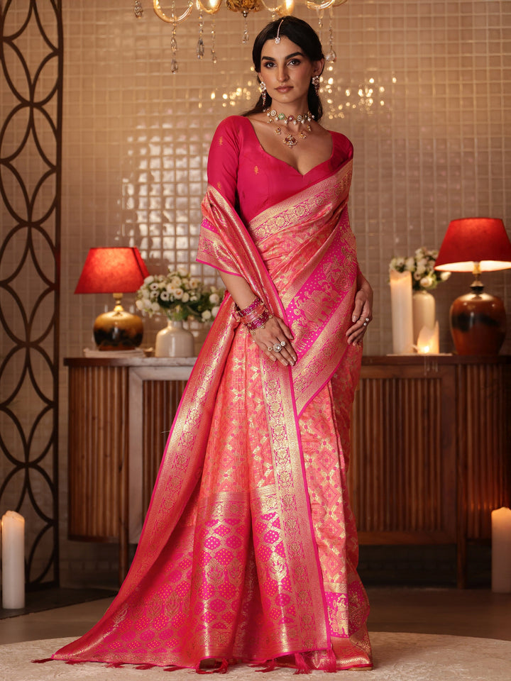 Libas Peach Bandhani Woven Design Silk Blend Saree