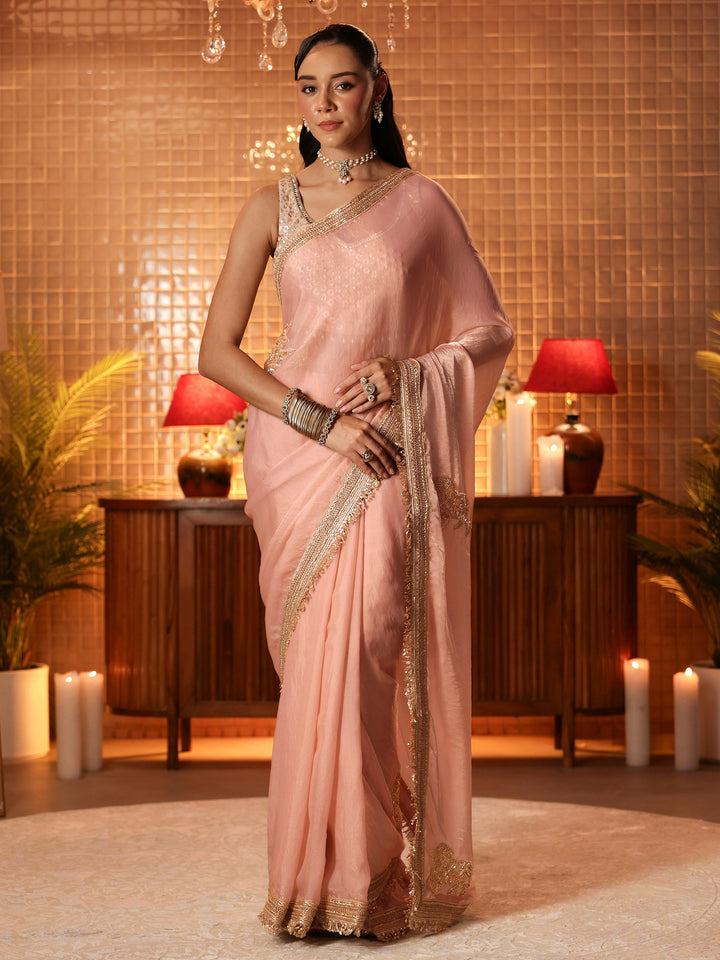 Peach Embellished Silk Blend Saree